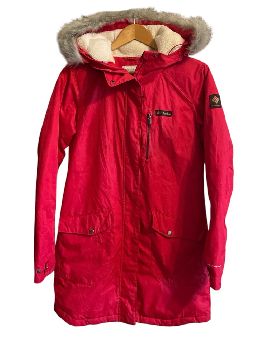 I2- Small Sm S Columbia Women’s Bright Red Hooded Parka with Faux Fur Trim